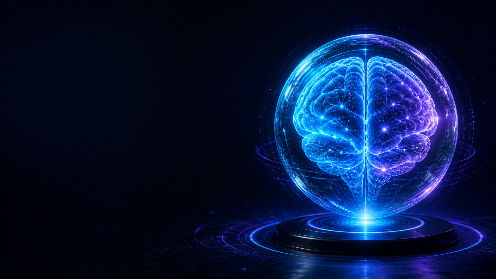 A glowing cyan and violet AI neural core above a dark platform